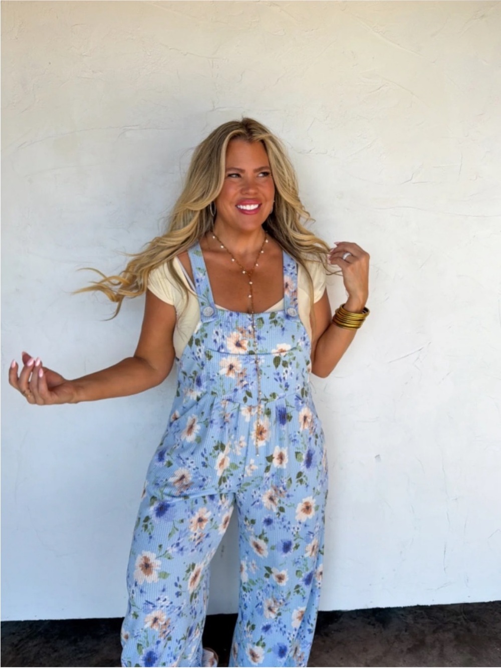 Floral Light Blue Women's Overalls  Soft Ribbed Stretchy